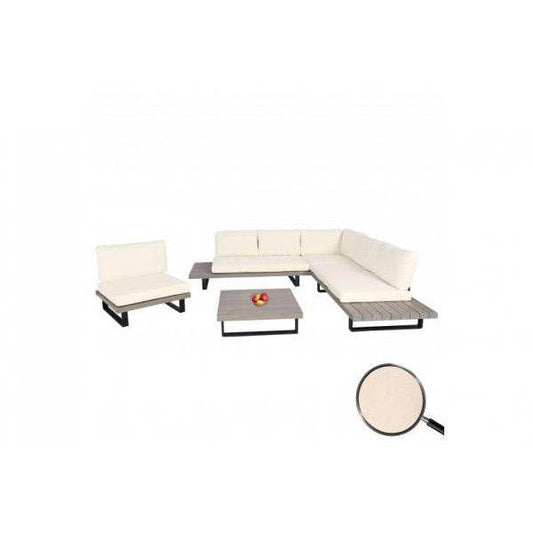 Garten-Garnitur mit Sessel Lounge-Set Sofa, Spun Poly Akazie Holz MVG Aluminium ~ grau, Polster cremeweiss - Palo24