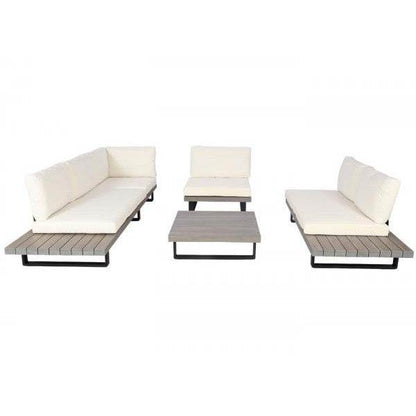 Garten-Garnitur mit Sessel Lounge-Set Sofa, Spun Poly Akazie Holz MVG Aluminium ~ grau, Polster cremeweiss - Palo24