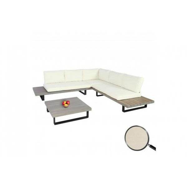 Garten-Garnitur HWC-H54, Garnitur Sitzgruppe Lounge-Set, Spun Poly Akazie Holz MVG Alu ~ grau, Polster cremeweiss - Palo24