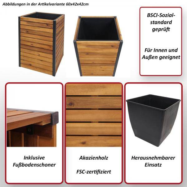 Pflanzkasten HWC-L23, Hochbeet Blumenkasten, Outdoor Akazie Holz FSC-zertifiziert Aluminium ~ 60x42x42cm braun - Palo24