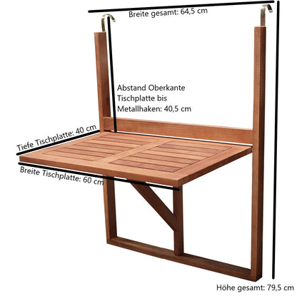 Table suspendue balcon 60x40cm, bois d'acacia huilé