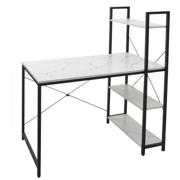 Schreibtisch mit Regal Laptoptisch Bürotisch Arbeitstisch, 100x60cm Metall MDF ~ Marmor-Optik weiss - Palo24