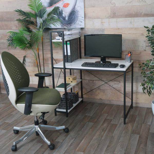 Schreibtisch mit Regal Laptoptisch Bürotisch Arbeitstisch, 100x60cm Metall MDF ~ Marmor-Optik weiss - Palo24