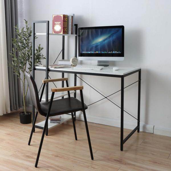 Schreibtisch mit Regal Laptoptisch Bürotisch Arbeitstisch, 100x60cm Metall MDF ~ Marmor-Optik weiss - Palo24