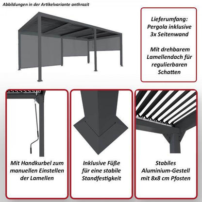 Alu Pergola HWC-L41 mit 3x Seitenwand, Lamellen-Pavillon, stabiles 8cm-Metall-Gestell 3x6m ~ weiss - Palo24