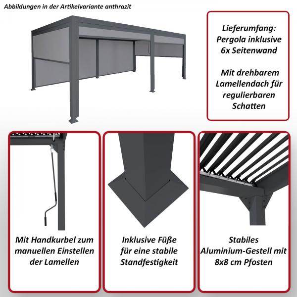 Alu Pergola HWC-L41 mit 6x Seitenwand, Lamellen-Pavillon, stabiles 8cm-Metall-Gestell 3x6m ~ anthrazit - Palo24