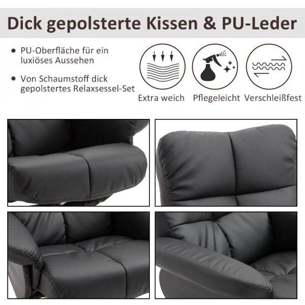 Relaxsessel mit Liegefunktion 360° drehbarer Sessel PU Holzgestell Schwarz - Palo24