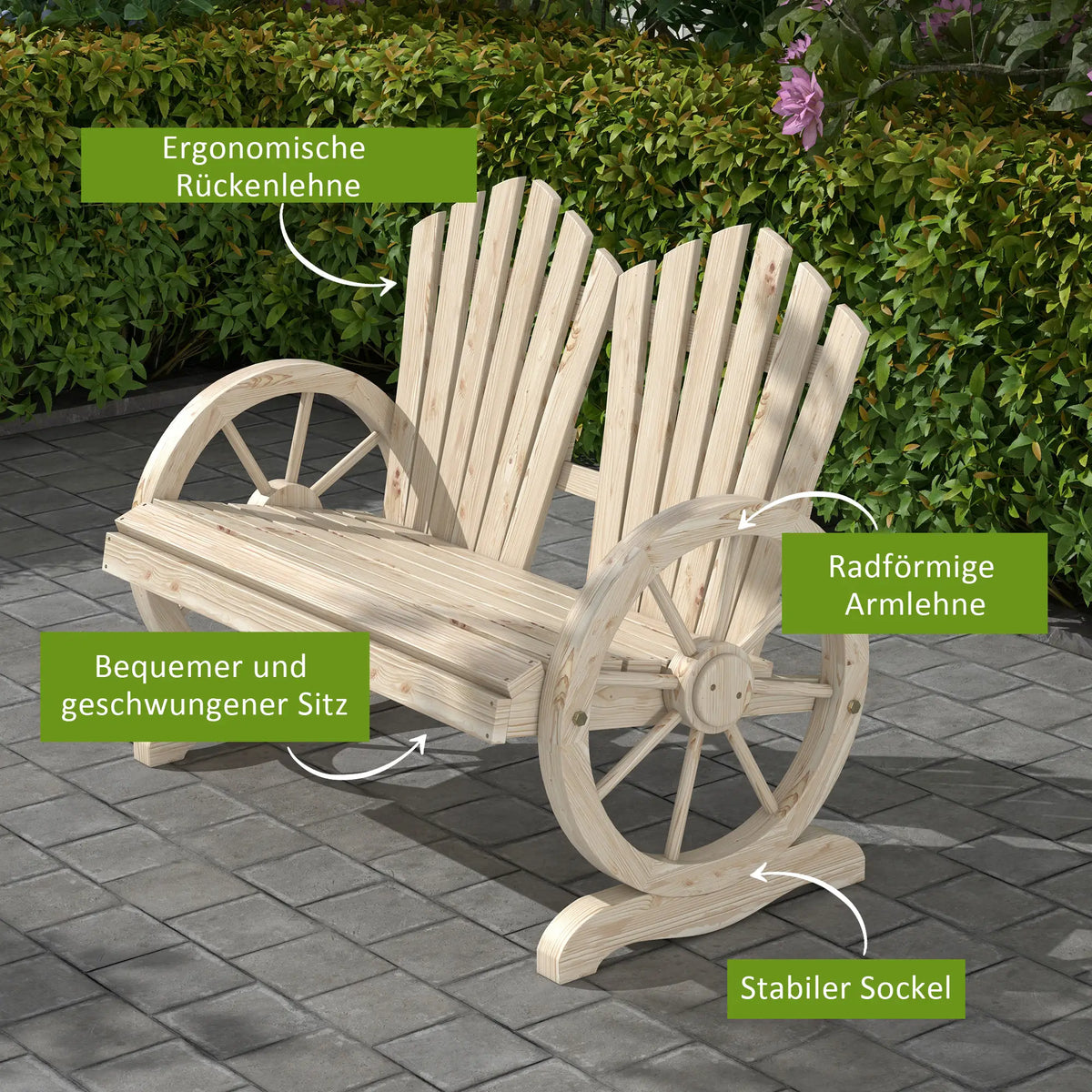 Gartenbank, Wagenrad-Design, für 2 Personen, Naturholz - Palo24