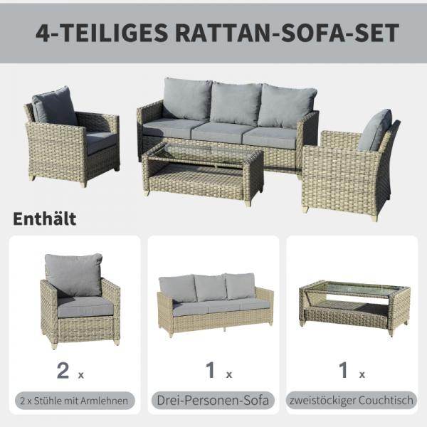 4-tlg. Polyrattan Set Gartengarnitur Sitzgruppe Loungeset mit Couchtisch Aluminium Braun+Grau - Palo24
