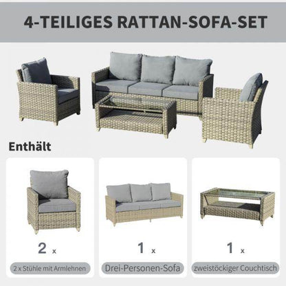 4-tlg. Polyrattan Set Gartengarnitur Sitzgruppe Loungeset mit Couchtisch Aluminium Braun+Grau - Palo24