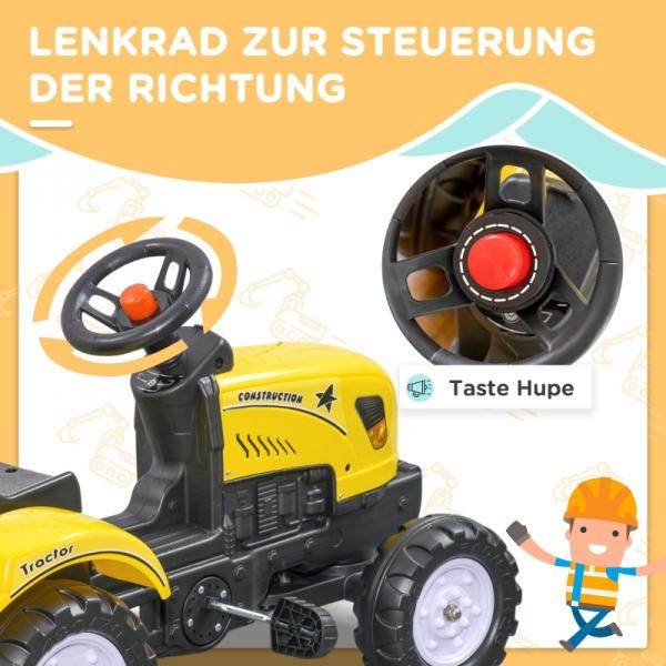 Trettraktor mit Anhänger, Werkzeug, Hupe, für Kinder ab 3 J., Metallrahmen, schwarz-gelb, 133 x 42 x 51 cm - Palo24