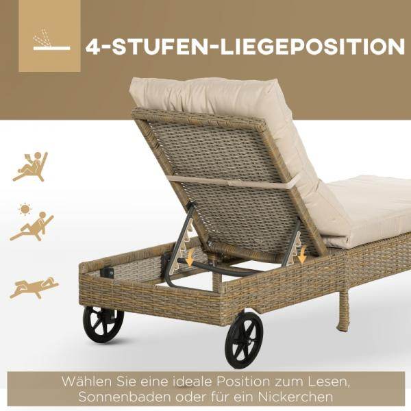 Sonnenliege Gartenliege mit Rollen Kissen 4-stufig verstellbar Rattanliege Stahl Natur+Khaki - Palo24