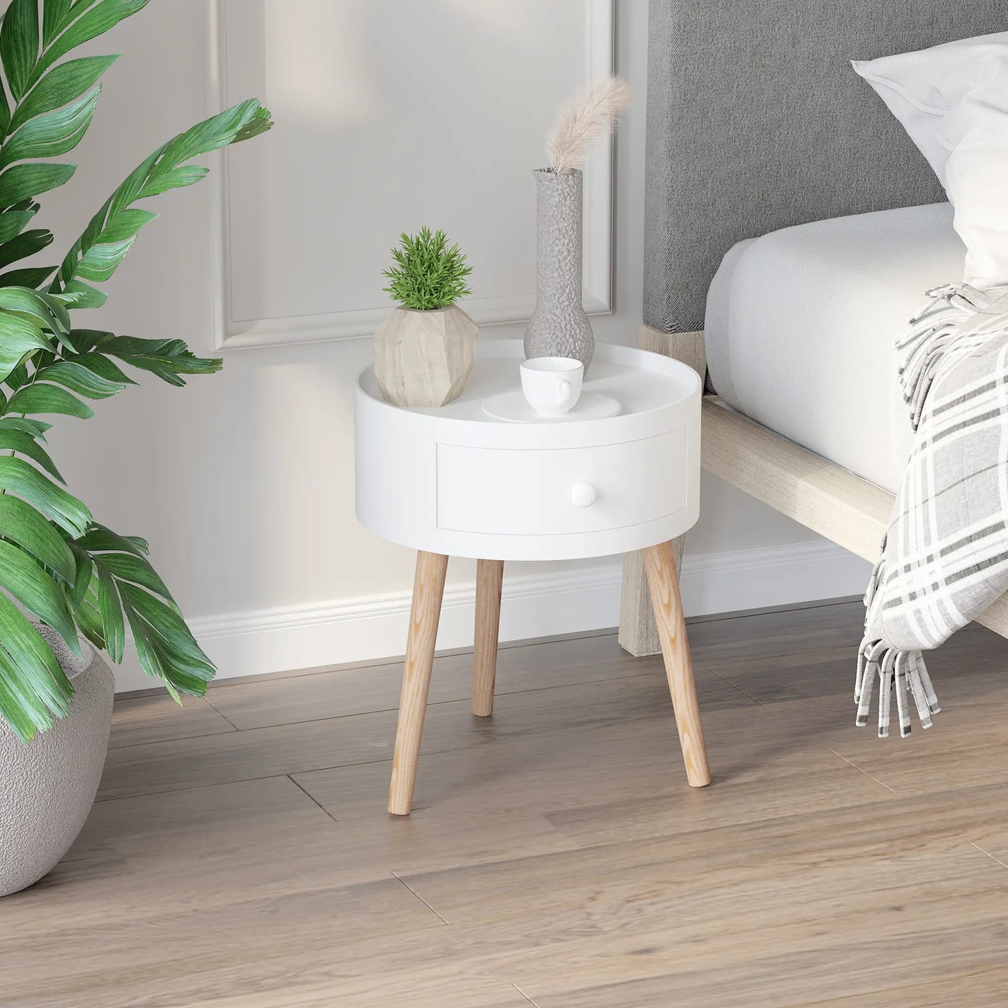 Couchtisch rund Beistelltisch mit Schublade Holz Weiss