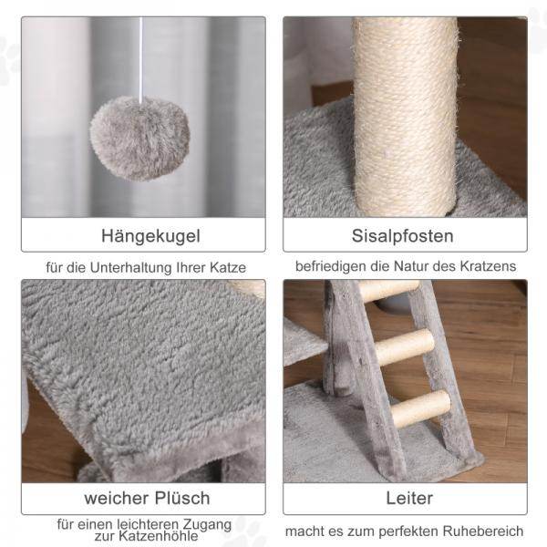 Kratzbaum mit Höhle Leiter Katzenbaum Kletterbaum E1 MDF Sisal Hellgrau - Palo24