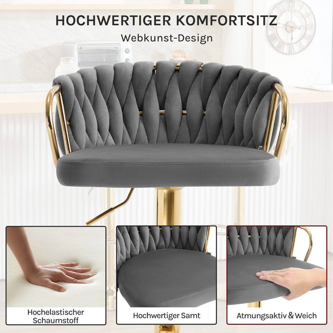 4x Barhocker Samtstuhl Fussstütze Gold Dunkelgrau - Palo24