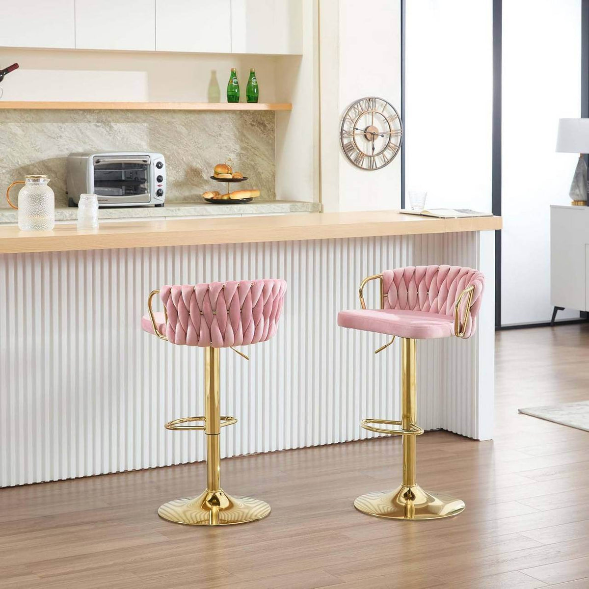 4x Barhocker Samtstuhl Fussstütze Gold Rosa - Palo24