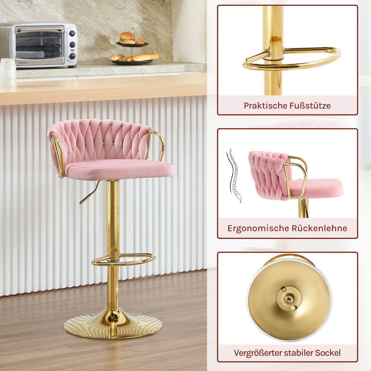 4x Barhocker Samtstuhl Fussstütze Gold Rosa - Palo24