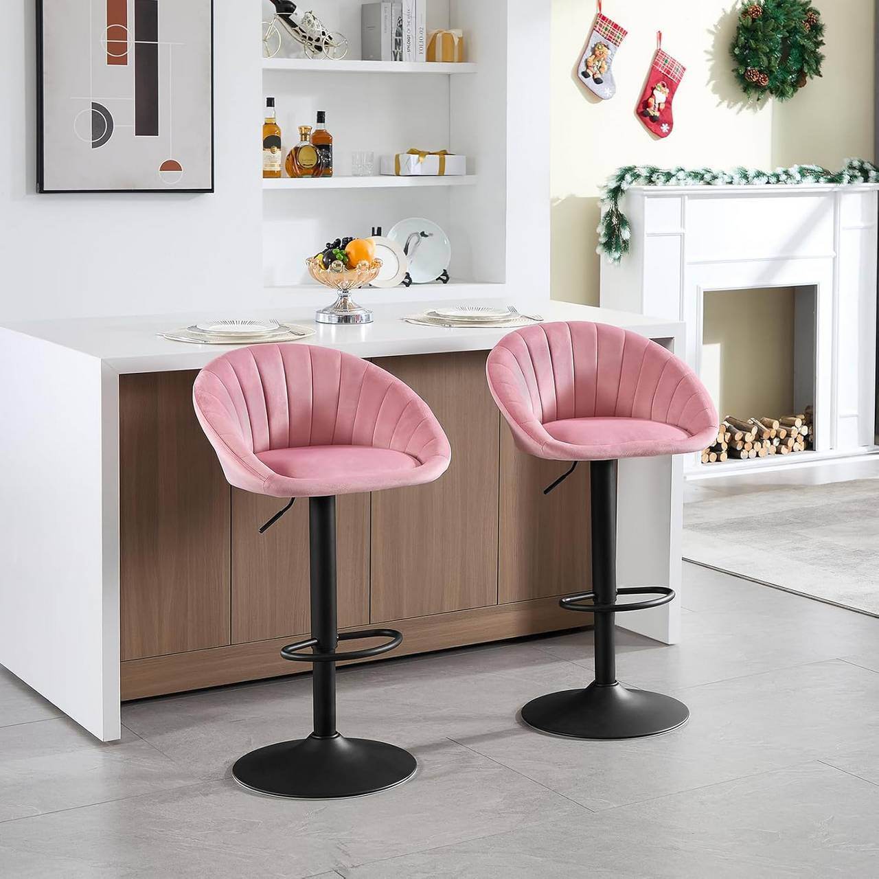 4x Barhocker höhenverstellbar drehbar mit Rückenlehne Samt Metall Rosa - Palo24