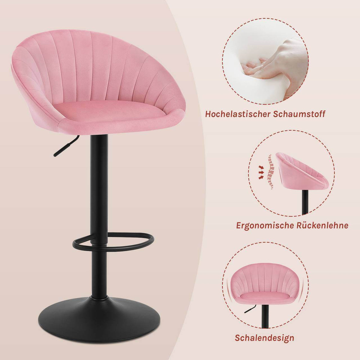 4x Barhocker höhenverstellbar drehbar mit Rückenlehne Samt Metall Rosa - Palo24