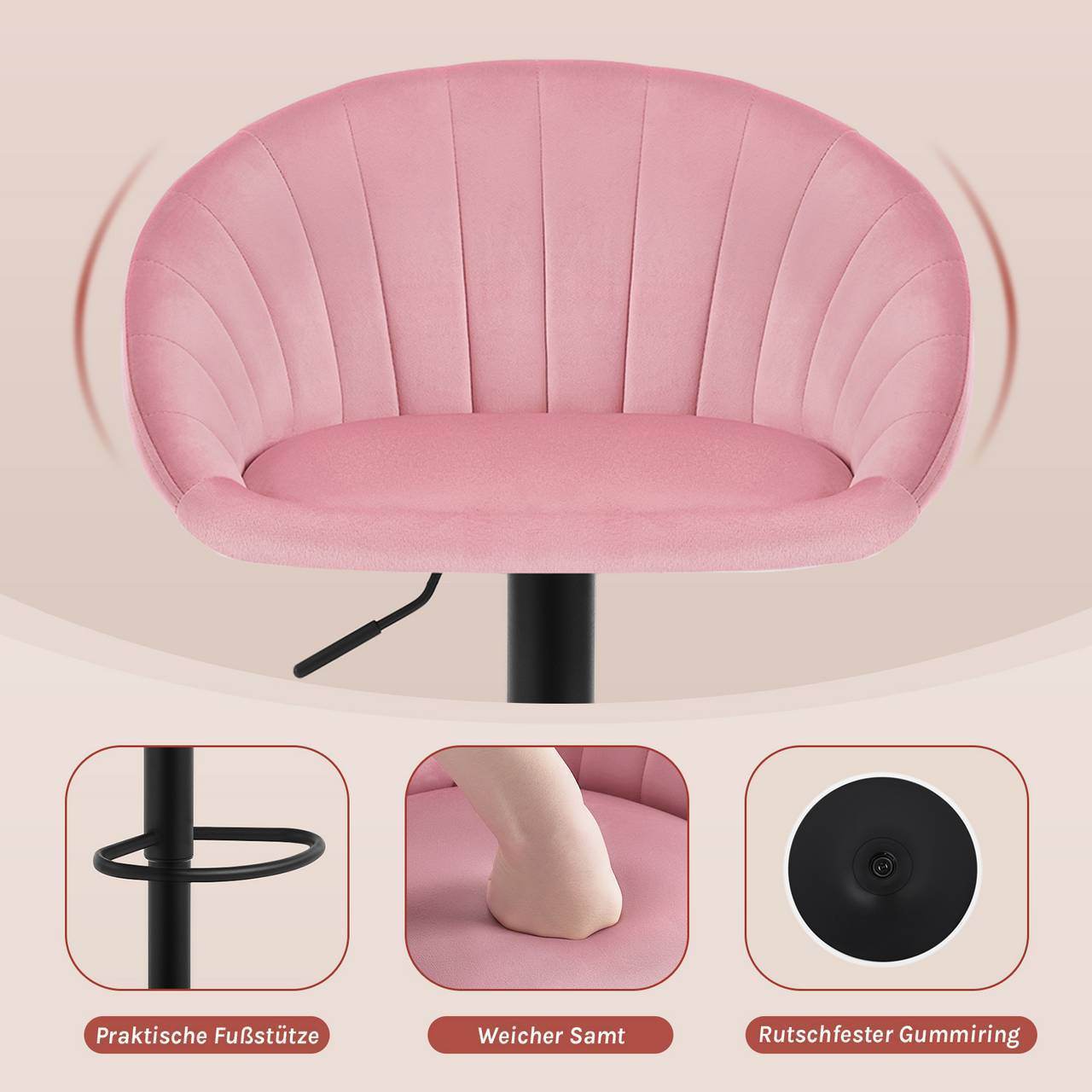 4x Barhocker höhenverstellbar drehbar mit Rückenlehne Samt Metall Rosa - Palo24