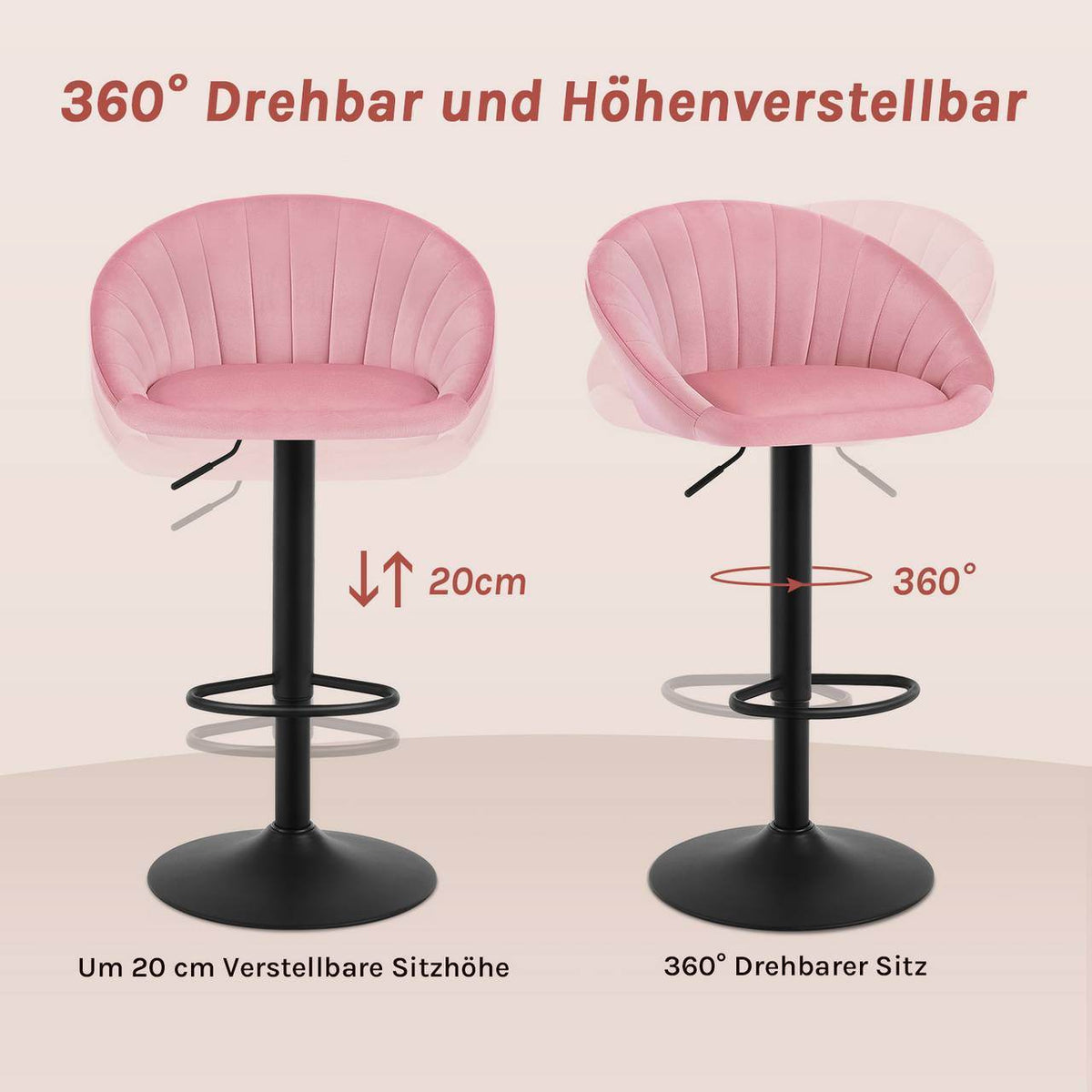 4x Barhocker höhenverstellbar drehbar mit Rückenlehne Samt Metall Rosa - Palo24