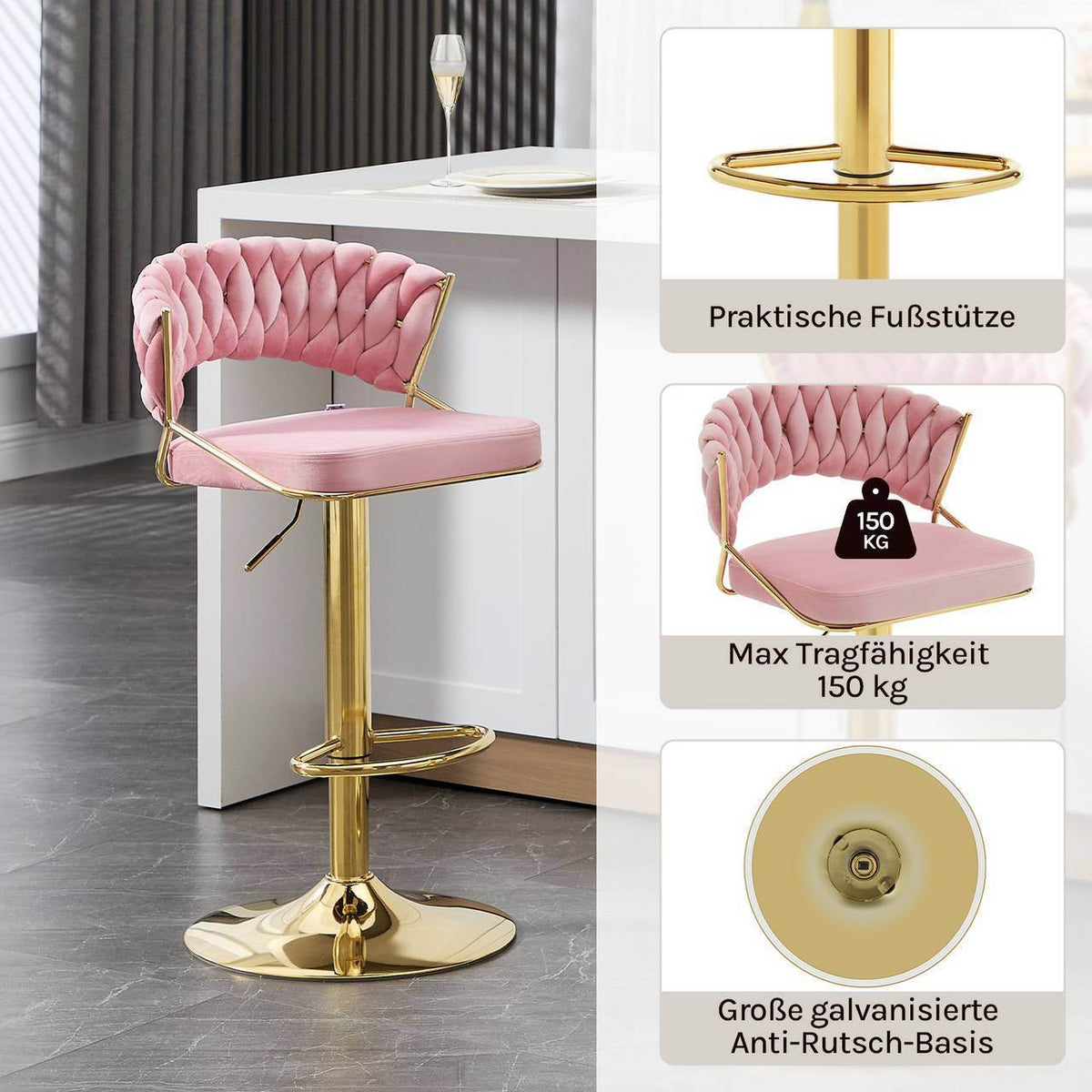 4x Barhocker höhenverstellbar Samt Metall Gold Rosa - Palo24