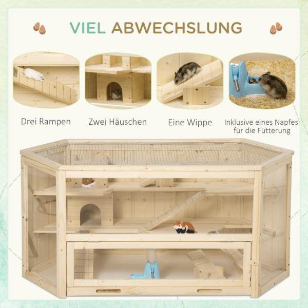 Kleintierkäfig, Nagerkäfig, Nagerheim mit 1 Rampe, 1 Wippe, herausnehmbare Bodenwanne, Tannenholz, Natur - Palo24
