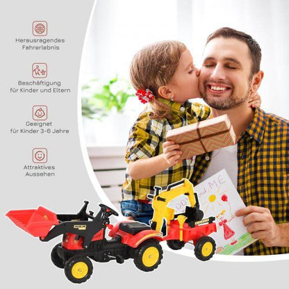 Trettraktor mit Anhänger Tretbagger mit Frontlader Kindertrettraktoren ab 3 Jahre Stahl Kunststoff Rot 179 x 42 x 59 cm - Palo24
