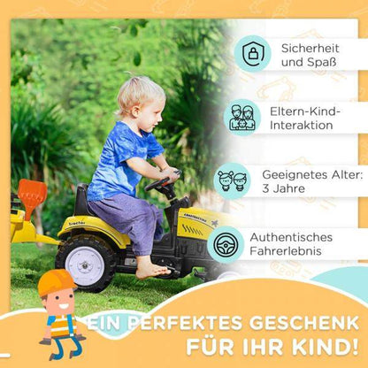 Trettraktor mit Anhänger, Werkzeug, Hupe, für Kinder ab 3 J., Metallrahmen, schwarz-gelb, 133 x 42 x 51 cm - Palo24