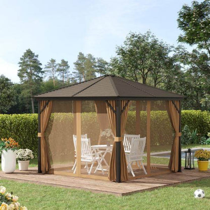 Gartenpavillon 4 x Doppel-Seitenwänden Laternenhaken Alu + Polyester Bronze+Hellbraun ca. 3 x 3 x 2,5 m - Palo24