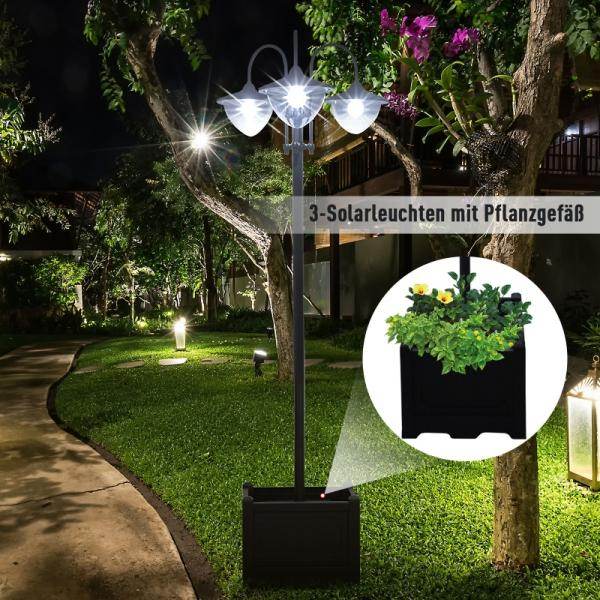 Solarleuchte Gartenlicht 3-köpfige Lampe mit Blumentopf-Basis Wasserdicht Edelstahl 60 x 55 x 189 cm - Palo24