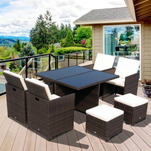 Polyrattan Sitzgruppe Essgruppe 21 tlg. mit Kissen Alu Braun - Palo24