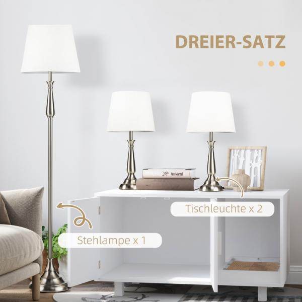 3-teiliges Lampenset im Vintage-Design, 2 Tischleuchten, 1 Stehleuchte Silber + Weiss - Palo24