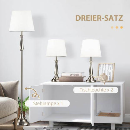 3-teiliges Lampenset im Vintage-Design, 2 Tischleuchten, 1 Stehleuchte Silber + Weiss - Palo24