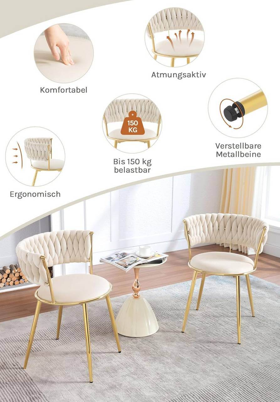Esszimmerstuhl, Küchenstuhl mit gewebter Rückenlehne, Samt, Metallbeinen,Beige - Palo24