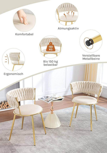 Esszimmerstuhl, Küchenstuhl mit gewebter Rückenlehne, Samt, Metallbeinen,Beige - Palo24