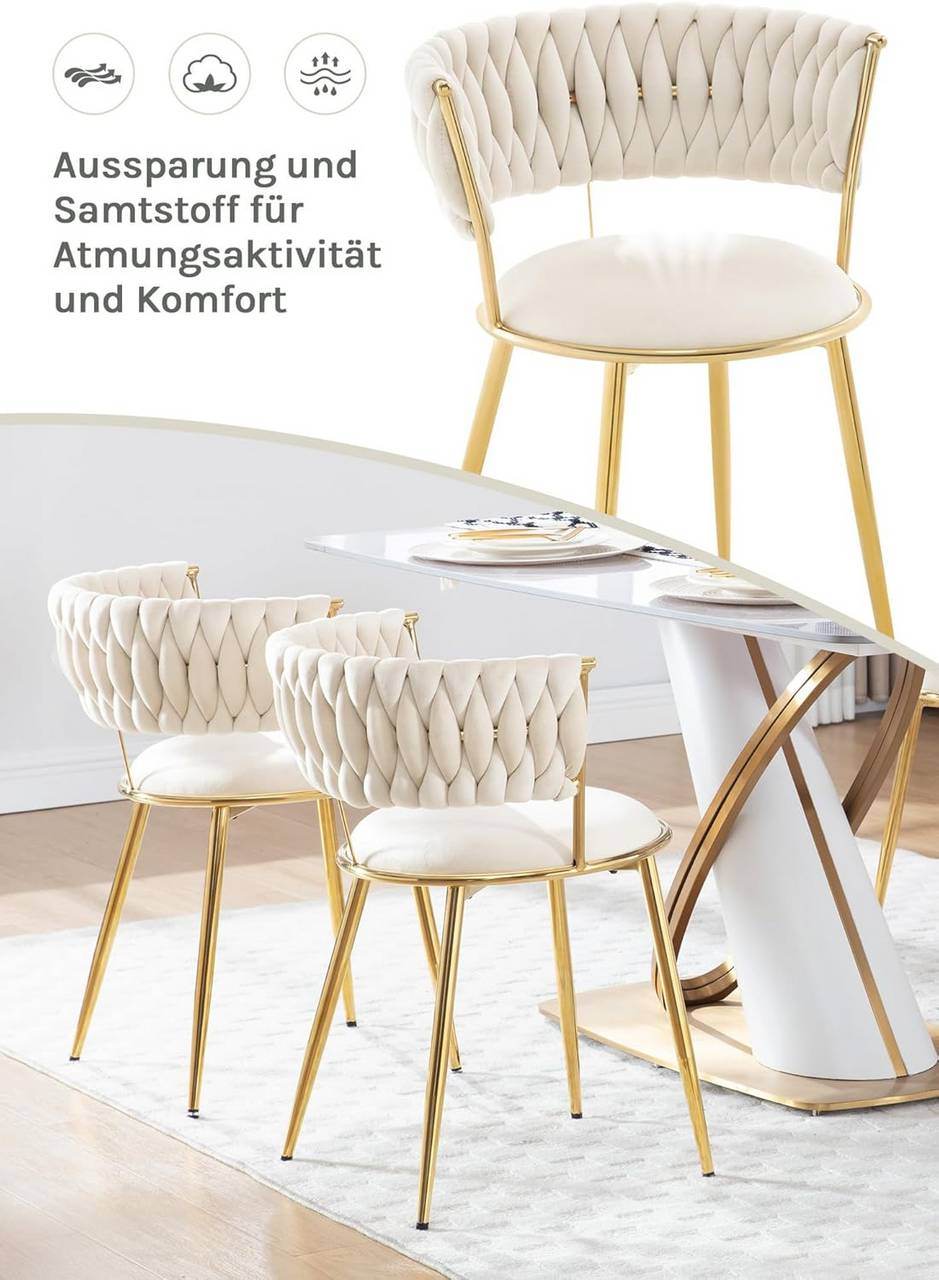 Esszimmerstuhl, Küchenstuhl mit gewebter Rückenlehne, Samt, Metallbeinen,Beige - Palo24