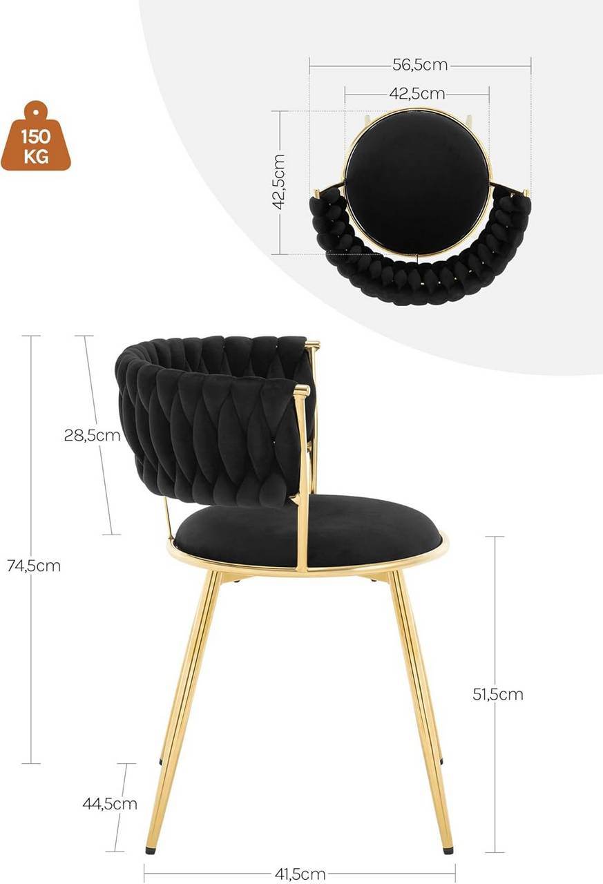 2er Set Esszimmerstuhl, Küchenstuhl Samt, Metallbeinen Schwarz Gold - Palo24