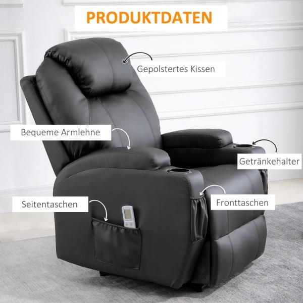 Massagesessel Elektrisch Massagefunktion Liegefunktion Schaumstoff Schwarz - Palo24
