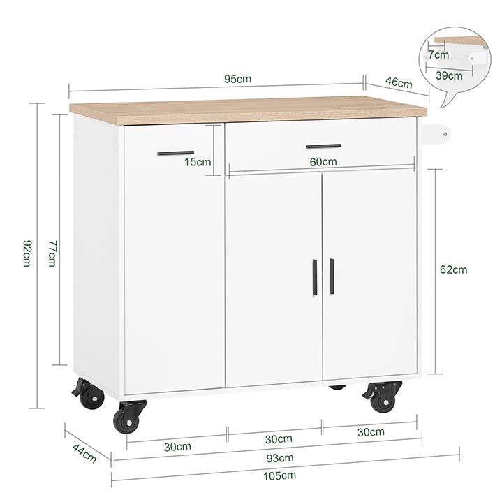 Design Küchenwagen mit Arbeitsplatte | Kücheninsel | Küchenschrank Sideboard Weiss - Palo24