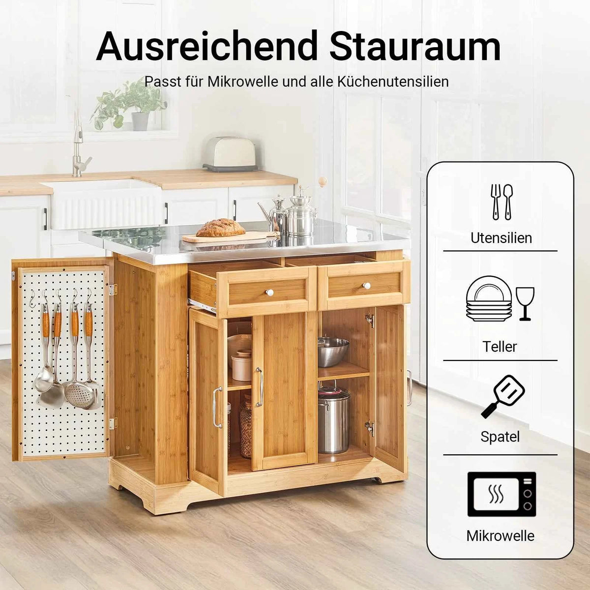 Kücheninsel | Küchenwagen mit erweiterbarer Arbeitsfläche | Küchenschrank Bambus