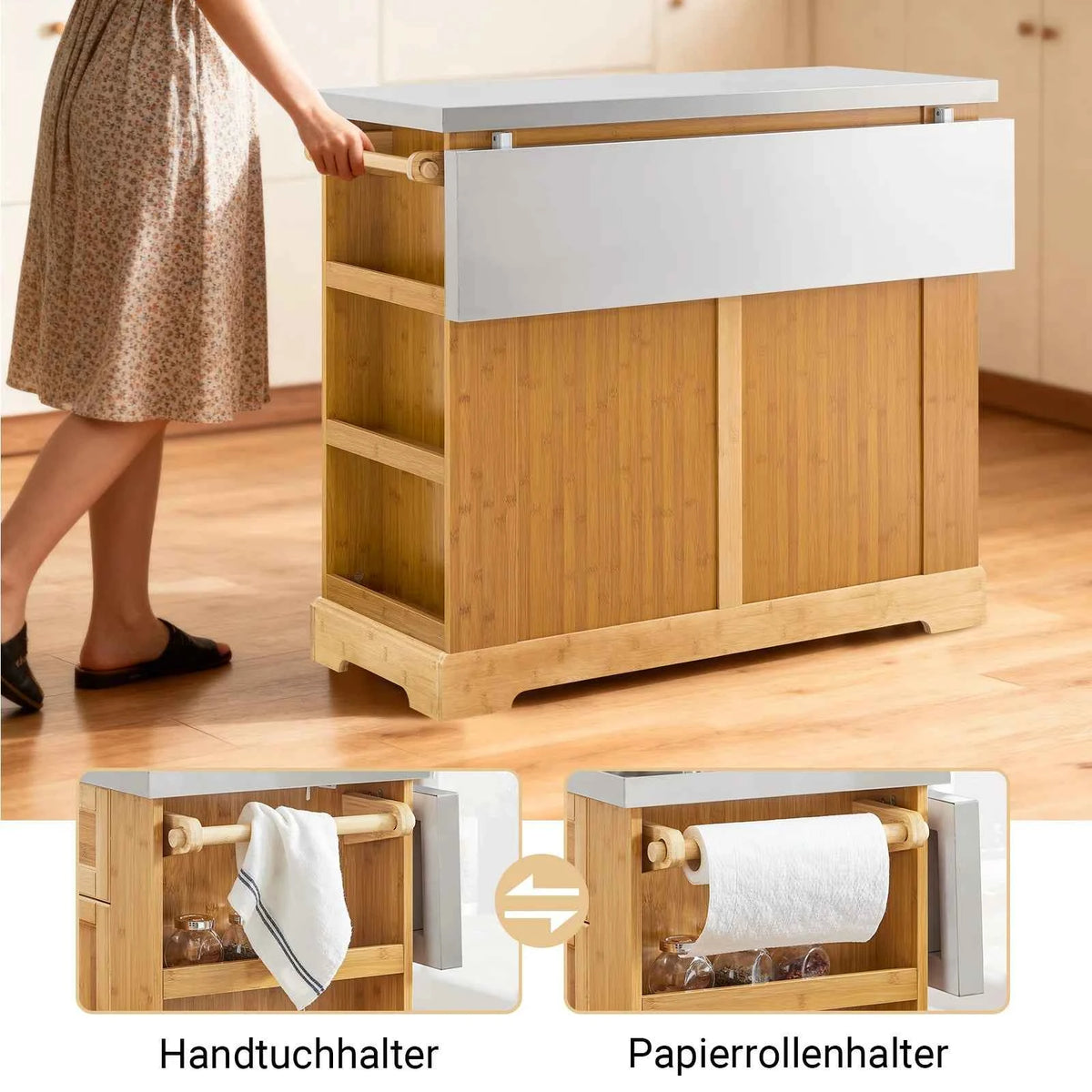 Kücheninsel | Küchenwagen mit erweiterbarer Arbeitsfläche | Küchenschrank Bambus