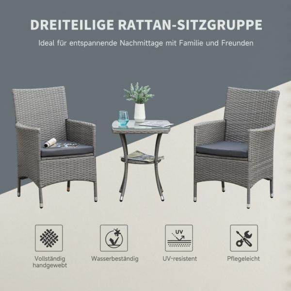 Gartensitzgruppe 3-tlg. Rattenmöbel Polyrattan Set grau - Palo24