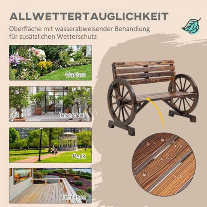 Gartenbank, Wagenrad-Design, für 2 Personen, Naturholz, dunkelbraun, 105,5 x 56 x 79cm - Palo24