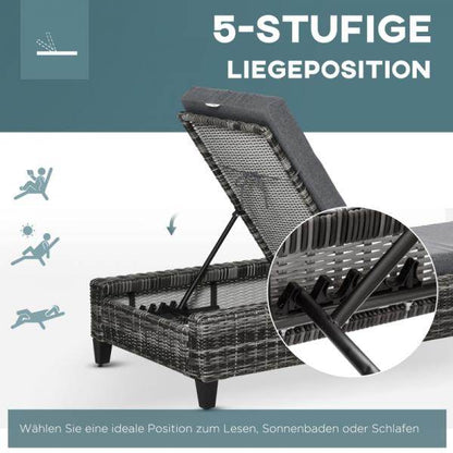 Polyrattan Gartenliege mit Kissen Sonnenliege 5-stufig verstellbar Rattanliege Liege Stahl Grau - Palo24