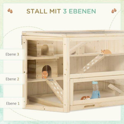 Kleintierkäfig, Nagerkäfig, Nagerheim mit 1 Rampe, 1 Wippe, herausnehmbare Bodenwanne, Tannenholz, Natur - Palo24