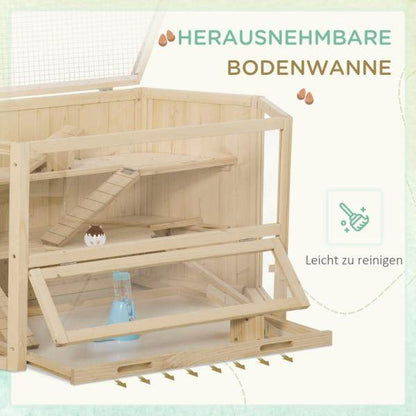 Kleintierkäfig, Nagerkäfig, Nagerheim mit 1 Rampe, 1 Wippe, herausnehmbare Bodenwanne, Tannenholz, Natur - Palo24