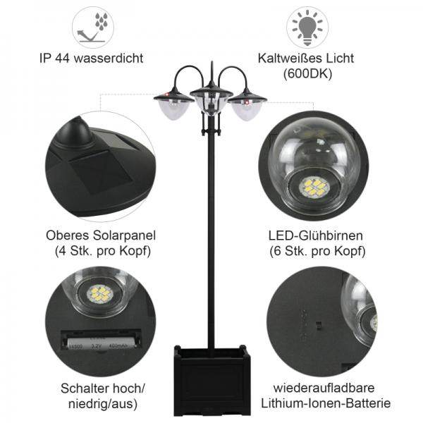 Solarleuchte Gartenlicht 3-köpfige Lampe mit Blumentopf-Basis Wasserdicht Edelstahl 60 x 55 x 189 cm - Palo24