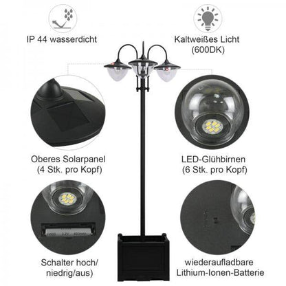 Solarleuchte Gartenlicht 3-köpfige Lampe mit Blumentopf-Basis Wasserdicht Edelstahl 60 x 55 x 189 cm - Palo24
