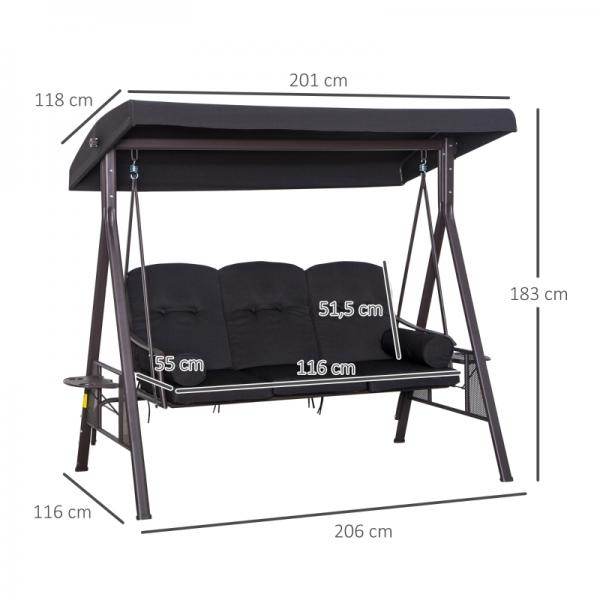 3-Sitzer Hollywoodschaukel Gartenschaukel mit Sonnendach Kissen Metall Polyester Schwarz - Palo24